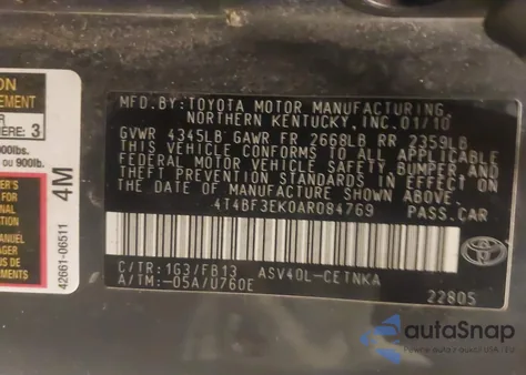 2010 Toyota Camry Le z USA, uszkodzony, nr VIN 4T4BF3EK0AR084769